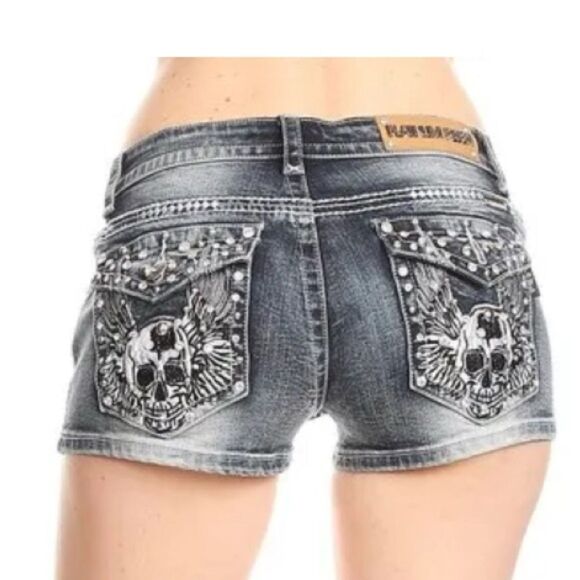 Platinum Plush Skull Wing Embroidered Shorts - Picture 3 of 4